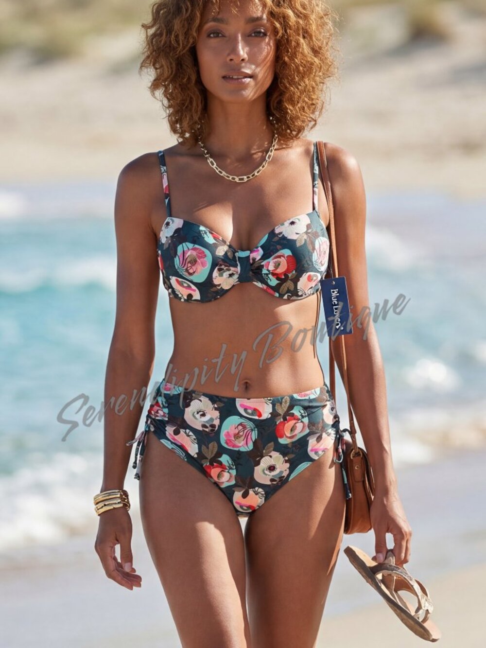 Tropical Beach Baby Dark Navy Floral Padded Underwire Cinch Hips 2 pc Bikini